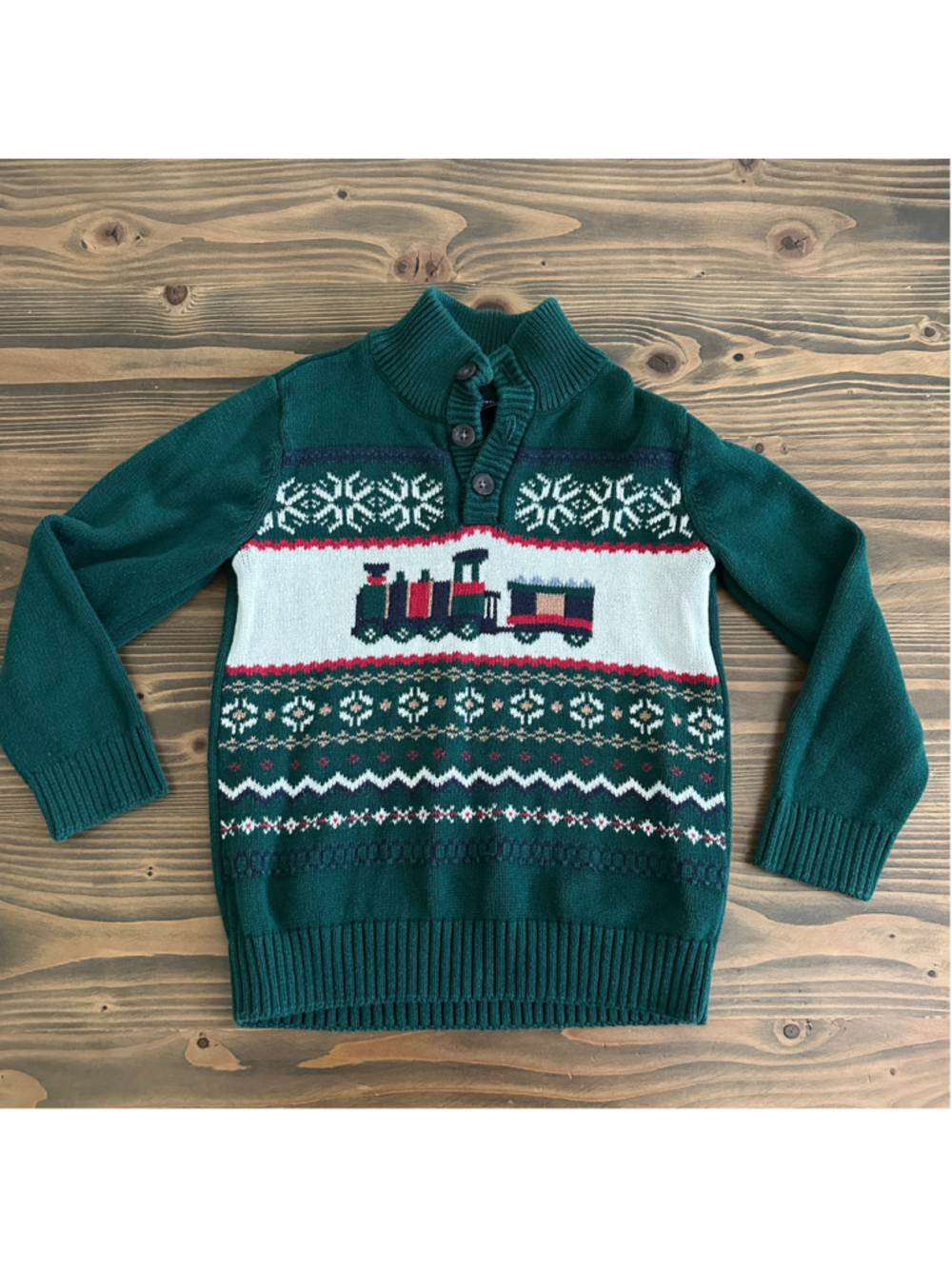 Boys The Childrens Place Train Sweater Size 4T Green White Christmas Winter Knit